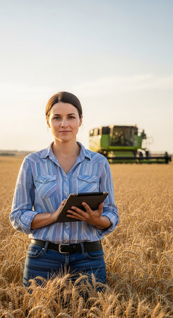 A woman farmer stands in a golden wheat field using a tablet, with a combine harvester visible in the background, monitoring the crop.の素材