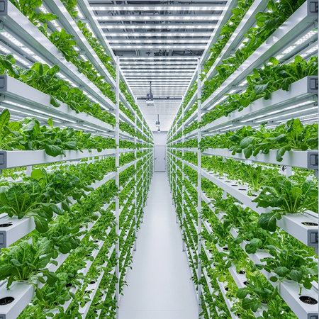 A long aisle in a modern vertical farm where fresh green plants grow in stacked layers under artificial LED lighting. A sustainable and innovative method of agriculture.の素材