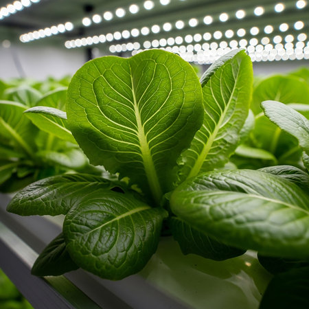 Close-up of vibrant green lettuce plants thriving under artificial LED lighting in an indoor farm environment, showcasing sustainable agriculture.の素材