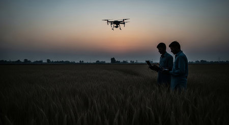 Two farmers are silhouetted against a vibrant sunset, operating a drone to monitor their crops in a field, showcasing modern agricultural practices.の素材