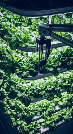 A close-up of an automated system for growing lettuce indoors using vertical farming techniques, showcasing sustainable agriculture and technology.の素材