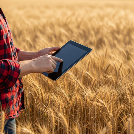 A farmer in a plaid shirt uses a tablet to check crop data in a sunlit wheat field. This represents smart farming and modern agricultural technology.の素材