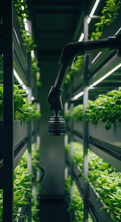 An indoor vertical farm with multiple levels of plants illuminated by artificial lighting, showcasing modern agriculture.の素材