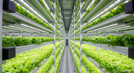 A modern indoor vertical farm showcasing multiple tiers of lush green lettuce growing under artificial LED lighting, emphasizing sustainable agriculture and controlled environment farming.の素材