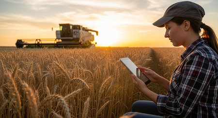 A woman in a cap and plaid shirt uses a tablet in a wheat field, with a combine harvester in the background at sunset.の素材