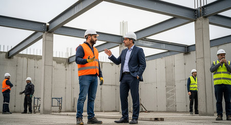 Two construction workers in hard hats and safety vests discuss plans at an unfinished building site.の素材