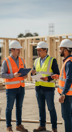 Three construction workers in safety vests and hard hats are discussing project details on a construction site, with wooden frames in the background.の素材