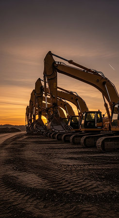 Heavy machinery excavators parked in a row on a muddy construction site during a beautiful sunset with orange skyの素材