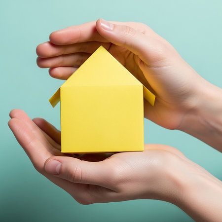 Close-up of hands cupping a yellow paper house, symbolizing protection and home security. The house is centered, with a light blue background.の素材