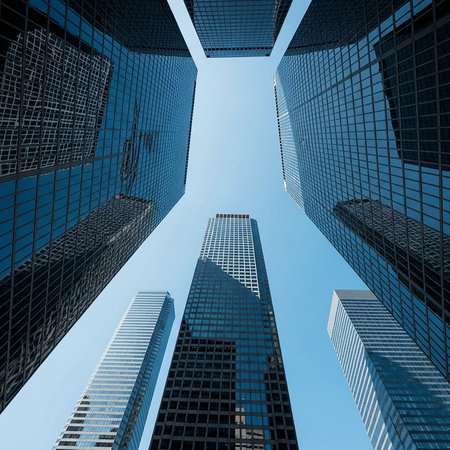 A low-angle view of towering modern skyscrapers with glass facades reflecting the bright blue sky, emphasizing urban architecture and cityscapes.の素材