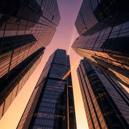 A low-angle view of towering skyscrapers against a vibrant sunset sky, showcasing modern architecture and urban development.の素材