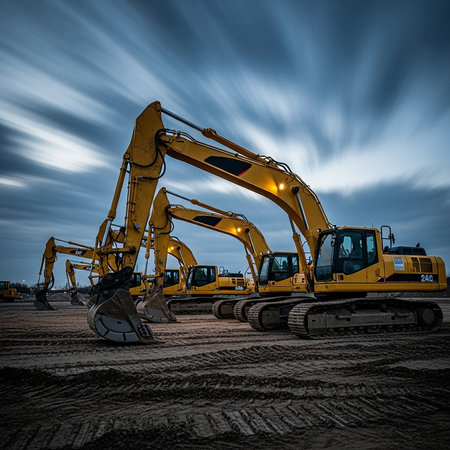 A fleet of large yellow excavators with long arms and buckets are parked on a construction site. The sky above is cloudy with a long exposure effect, creating streaks of light and shadow. The ground is uneven dirt with tire tracks.の素材