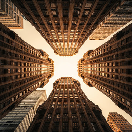A low-angle shot of several skyscrapers converging towards a central point in the sky, creating a sense of urban density and architectural grandeur.の素材