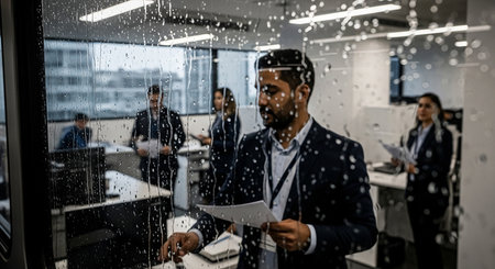 Diverse group of business people in a modern office setting, engaged in work activities, teamwork, and collaboration.の素材