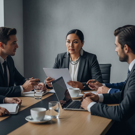 A diverse group of business professionals engaged in a meeting, discussing documents and strategies around a conference table with laptops and refreshments.の素材
