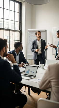 A group of business professionals are gathered around a table in a bright office setting, engaged in a meeting.の素材