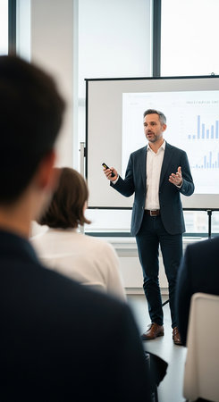 A businessman in a suit confidently presents financial data and charts on a projector screen to a group of attentive listeners in a modern conference room.の素材