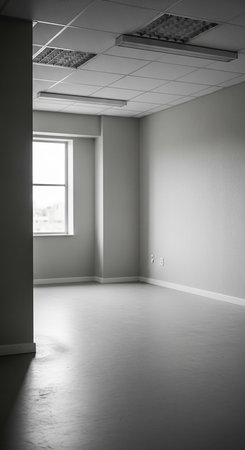 A grayscale image of an empty office room featuring a window, smooth flooring, and a minimalist aesthetic, ideal for visualizing new beginnings or workspace concepts.の素材