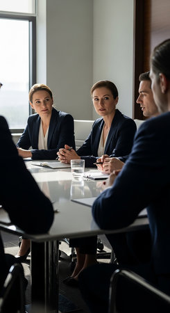 A group of business professionals, including men and women, are engaged in a collaborative meeting around a table in a bright, contemporary office setting, discussing strategies and ideas.の素材