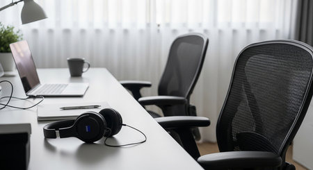 A clean and contemporary home office space featuring a white desk with a laptop, headphones, and a coffee mug, alongside two ergonomic mesh office chairs, bathed in natural light.の素材