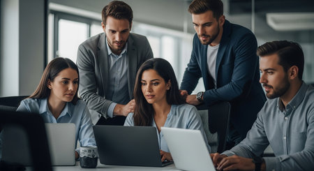 A group of professionals collaborates around laptops in a modern office setting, fostering teamwork and innovation in a dynamic workspace.の素材