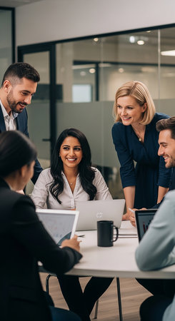 A multicultural team of smiling colleagues gathered around a table with laptops, engaged in a productive discussion and teamwork in a contemporary corporate environment.の素材