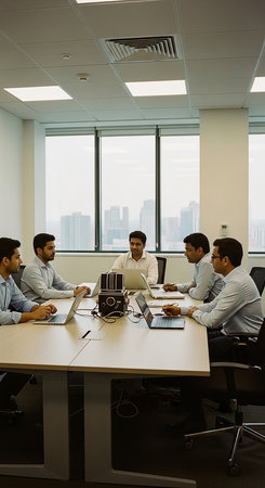 Group of business professionals engaged in a collaborative meeting around a table, discussing strategies.の素材