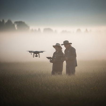 Silhouette of two farmers in hats using a remote control to fly a quadcopter drone over a crop field during a very foggy and atmospheric morning.の素材