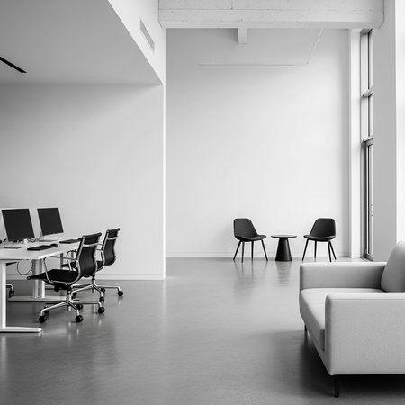 A bright, minimalist office featuring a clean workspace, seating area, and large windows, emphasizing simplicity and functionality in design.の素材