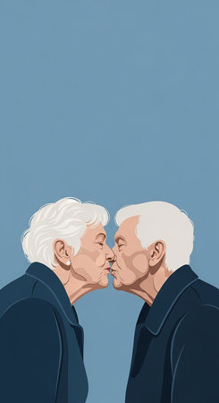 An illustration depicting an elderly couple in a close embrace, sharing a kiss, with a serene blue backdrop.の素材