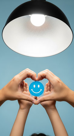 Two hands create a heart shape around a blue smiley face, positioned beneath a hanging light fixture.の素材