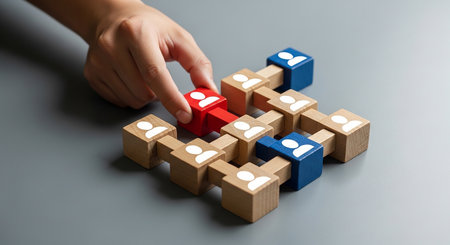 A close-up shot of a hand carefully inserting a red wooden block, featuring a white person icon, into an interconnected structure of light brown and blue wooden blocks. This action represents concepts of team formation, leadership, and strategic integration within a business or organizational context.の素材