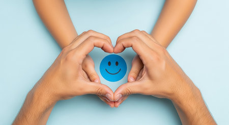 Two sets of hands create a heart shape around a blue smiley face, symbolizing love, happiness, and positive emotions on a light blue background.の素材