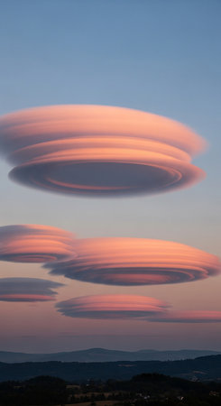 A breathtaking view of lenticular clouds at sunset, showcasing natures artistry with layered formations and vibrant colors against a serene sky.の素材