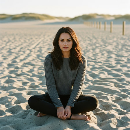 A woman sits cross-legged on a beach, meditating peacefully as the sun sets, casting a warm glow over the sand.の素材