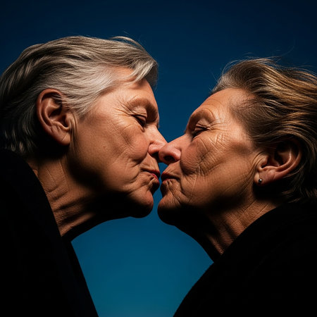 A close-up portrait of two older women with short hair, sharing a tender kiss against a blue background, showcasing love and intimacy in later life.の素材