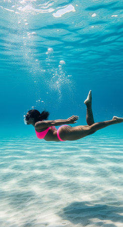 A woman in a pink swimsuit swims underwater in a tropical ocean with sunlight filtering through the water, creating a serene and peaceful scene.の素材