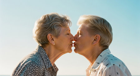An intimate portrait of an elderly couple sharing a kiss, showcasing their enduring love and connection against a bright sky.の素材