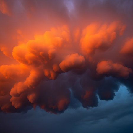 A captivating view of a sunset sky filled with vibrant orange and deep blue clouds, creating a dramatic and beautiful scene.の素材