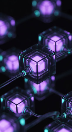 A mesmerizing abstract depiction of a blockchain network, featuring interconnected glowing purple cubes that represent data blocks, linked by intricate lines and nodes, set against a dark background, symbolizing secure digital transactions and decentralized technology.の素材