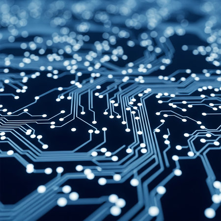 Close-up of an abstract circuit board design featuring glowing nodes and interconnected lines, symbolizing technology and connectivity.の素材