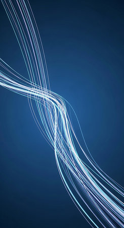 Dynamic abstract background with flowing blue light streaks on a dark blue gradient.の素材