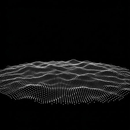 A mesmerizing digital artwork featuring a field of luminous dots, creating a dynamic, wave-like pattern against a stark black backdrop. The image evokes a sense of depth and movement.の素材