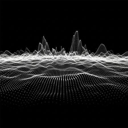 An abstract digital landscape illustration featuring a series of white dots forming a mountain range against a black backdrop.の素材