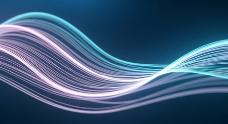 Dynamic illustration of glowing lines creating a wave-like pattern, perfect for modern designs.の素材
