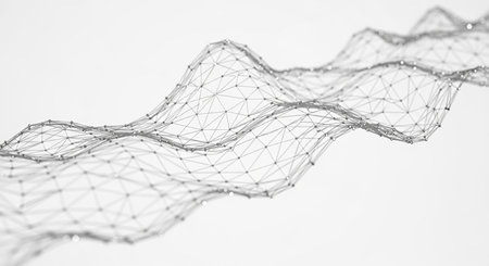 A futuristic digital wireframe structure with interconnected points and lines, creating a flowing wave of data on a clean white background.の素材