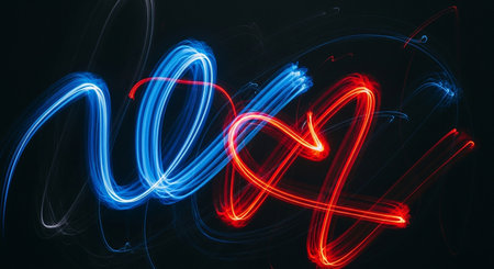 A captivating image featuring vibrant red and blue light trails against a dark backdrop, creating a dynamic and artistic visual effect.の素材