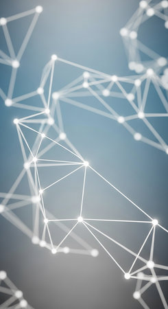 A modern abstract illustration featuring interconnected nodes and lines, creating a network-like structure against a gradient background, symbolizing connectivity and technology.の素材