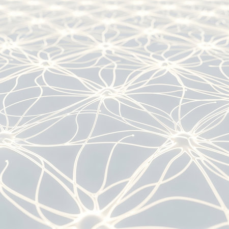 A close-up, abstract view of a glowing neural network pattern with intricate, interconnected lines radiating from central nodes.の素材