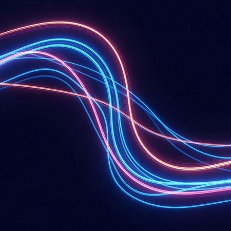 Dynamic abstract background with glowing neon light streaks in blue and pink, creating a sense of movement and energy.の素材